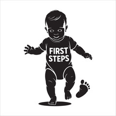 Baby's First Steps:  Black and White Silhouette Illustration, Joyful and Hopeful Mood,  Infant Taking First Steps.