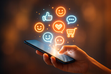 Hand holding a mobile phone with various colorful social media icons floating above it, including likes, hearts, and emojis, symbolizing online interaction and engagement
