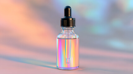 Naklejka premium Iridescent Serum Bottle with Dropper on Pastel Background