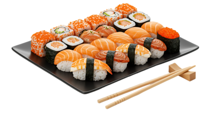 Assortment of sushi and maki rolls isolated on transparent background