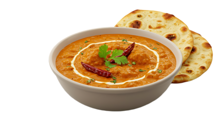 Chicken tikka masala with naan bread isolated on transparent background