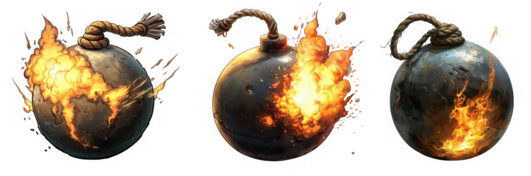 Three vintage bombs burning with intense flames and smoke, isolated on a transparent background