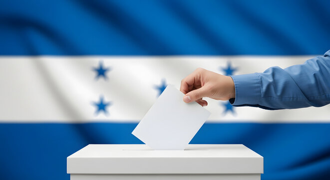A person casts a ballot into a white voting box against the backdrop of the Honduran flag.