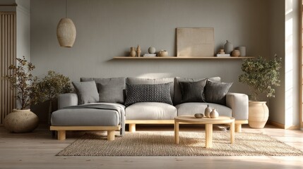 Bright living room with minimalist sofa, decorative shelf, wood flooring and earthy tones