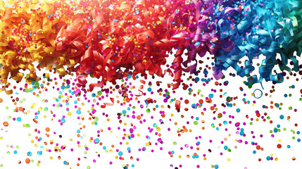 Colorful confetti and streamers falling from top to bottom, isolated on transparent background for celebration