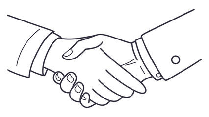 Outline drawing of a handshake between two people wearing suits with a white background shown here