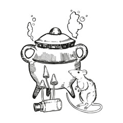 vector monochrome witchcraft, magic equipment, pot of potion and vapor, poisonous mushrooms, rat, glass vial of poison, black and white illustration of mystic theme, hand drawn sketch for fairy tale