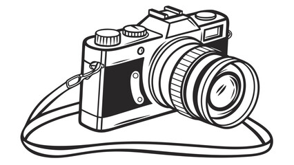 Illustration of a vintage camera with a lens and strap in black and white detailed outline style