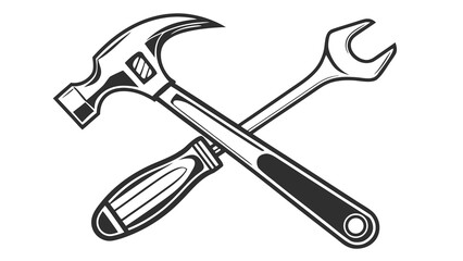 Illustration of a crossed hammer and wrench in black and white tool equipment repair construction