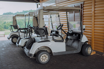Golf Carts Parked by Clubhouse on a Cloudy Day © Elena