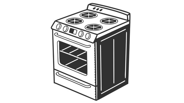 Isometric line drawing of a kitchen stove with four burners and an oven with racks visible