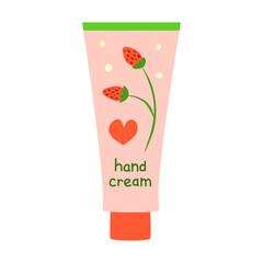 Cute hand drawn flat hand cream in tube with strawberries isolated on white background. Pink cosmetic product.