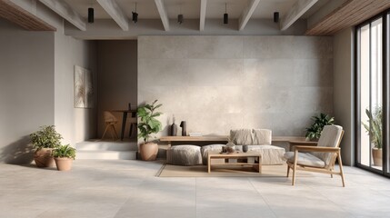 Warm, spacious living room with natural light and minimalist decor