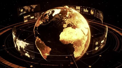 Digital holographic earth globe with data analytics interface, charts and global business statistics visualization. Futuristic world map technology dashboard with planetary information display. - Powered by Adobe