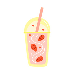 Cute hand drawn flat strawberry milkshake or smoothie isolated on white background.