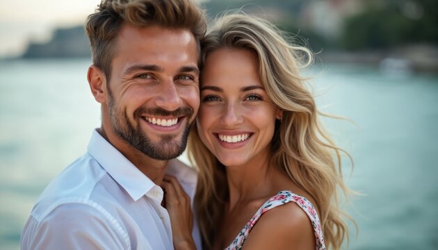 Joyful couple embracing by the water, smiling with genuine happiness. Their close bond and affectionate connection shine through in this portrait, set against a scenic, sunlit backdrop.