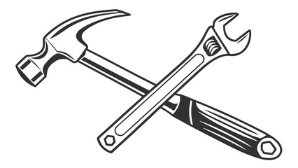 Illustration of a crossed hammer and adjustable wrench in black and white line art style design