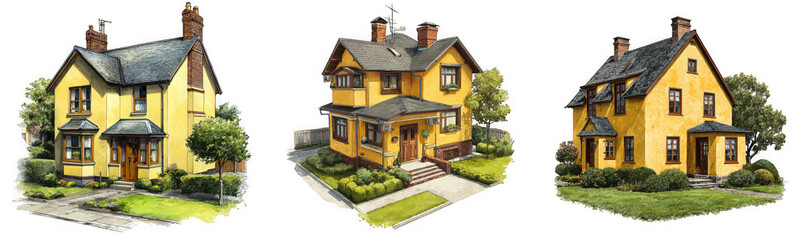 Three charming yellow houses with gardens and trees, illustration of residential architecture isolated on transparent background