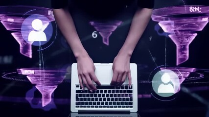 Hands typing on laptop with holographic social network interface displaying user profiles and digital connections. Virtual communication platform with modern networking technology visualization. - Powered by Adobe