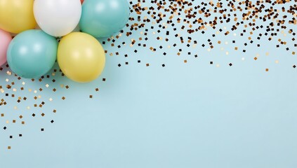 Pastel balloons and confetti on a light blue background for a festive celebration