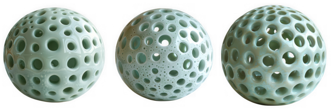 Three pale green ceramic spheres with a perforated pattern isolated on transparent background