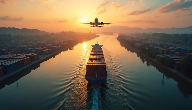 Sunrise aerial view of cargo ship sailing on waterway, passing container yard. Airplane flies overhead, signifying multimodal freight logistics, international trade. Scene captures global commerce.