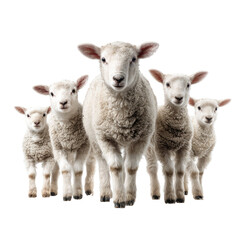Fototapeta premium Five fluffy white lambs stand close together, staring forward, with a black background