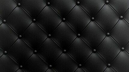 Hyper-realistic close-up of a black leather textured wallpaper with small buttons on a quilted pattern, creating a luxurious and minimalist atmosphere.