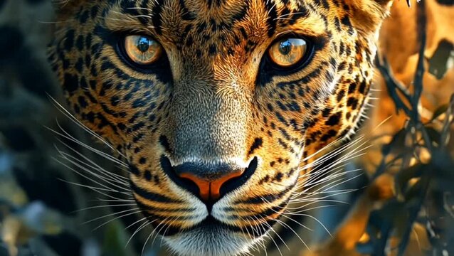 Focused closeup of a leopards face showcasing its golden eyes detailed fur pattern and sharp whiskers