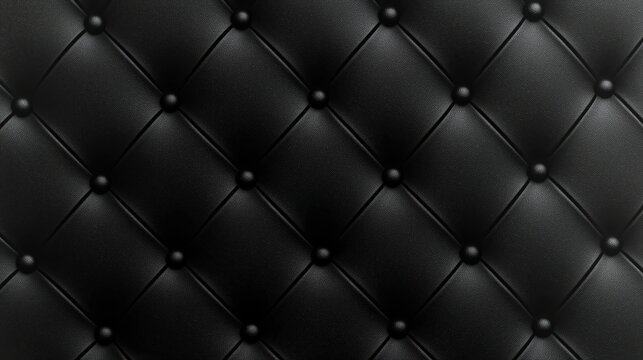 Hyper-realistic close-up of a black leather textured wallpaper with small buttons on a quilted pattern, creating a luxurious and minimalist atmosphere.