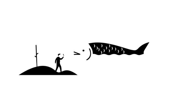 Minimalist black silhouette of a person with a phone facing a giant surreal flying fish.
