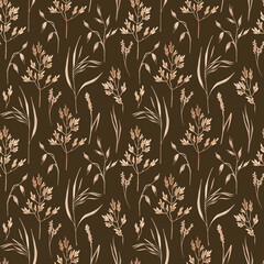 Seamless pattern hand drawn with watercolor. Summer field plants - pampas grass, herbs, spicas and seeds. Boho design for banner, textile, fabric, packaging