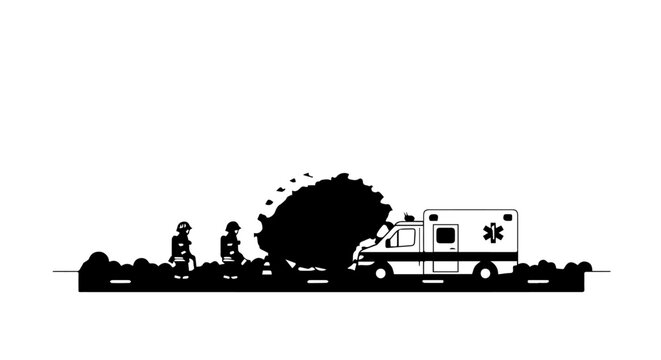 Minimalist black silhouette of an emergency rescue scene with firefighters and an ambulance.