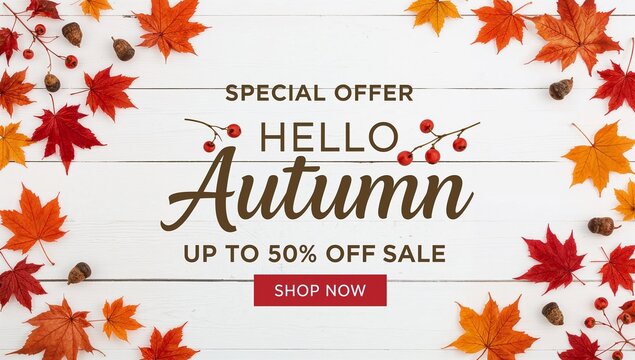 Special offer hello autumn up to 50 off sale on a wooden background
