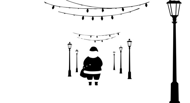 Minimalist black silhouette of Santa Claus on a festive street with lampposts and string lights.