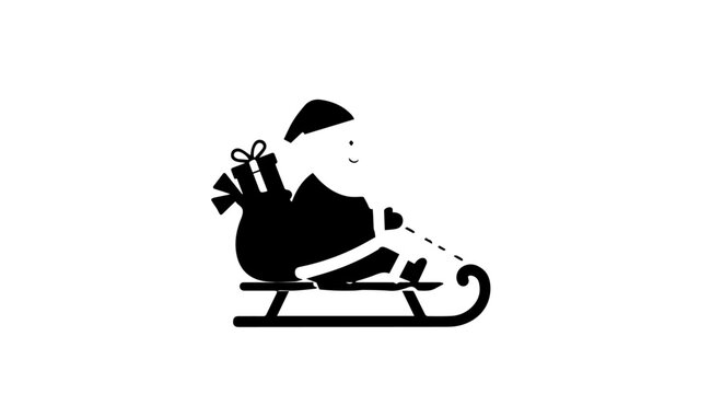 Minimalist black silhouette of Santa Claus riding in a sleigh with a sack of gifts.