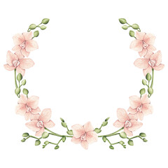 Orchid frame hand drawn by watercolor. Watercolor floral wreath. Tropical flowers border. Design for wedding card, banner, invitation. Hawaii wedding design