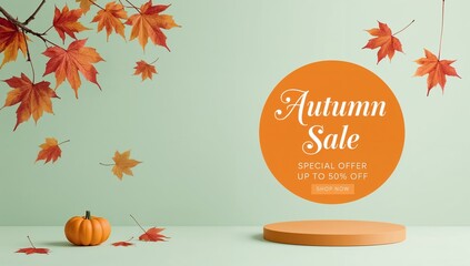 Autumn sale background with leaves, pumpkin, and podium for product display
