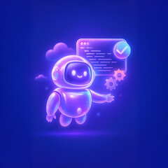 Smiling Futuristic Robot with Holographic Interface and Coding Elements in Neon 3D Style
