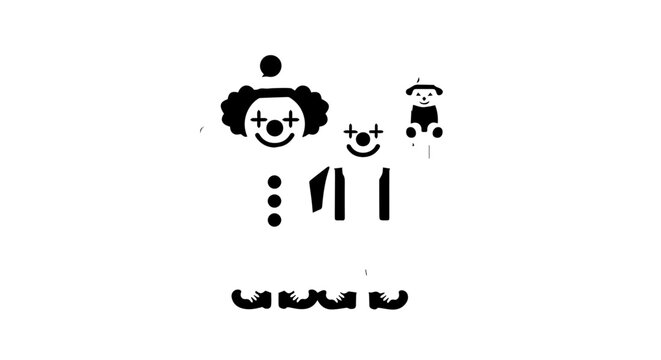 Minimalist black stencil illustration of a smiling clown family with a puppet character.