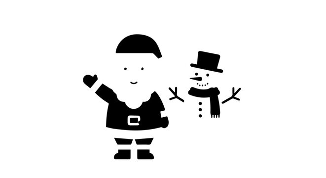 Minimalist black stencil illustration of a waving Santa Claus and a smiling snowman.