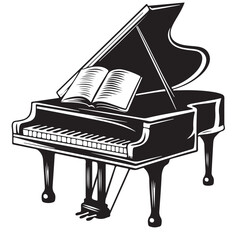 Black grand piano sketch art on white background.