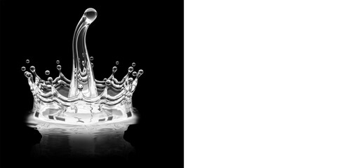 Water crown jet splash, High-speed droplet column impact with ripple rings and reflection isolated on black for beverage advertising and compositing design