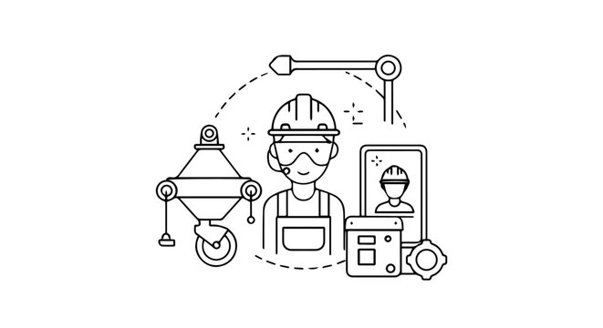 Minimalist line art concept of a construction engineer using remote technology and industrial automation.