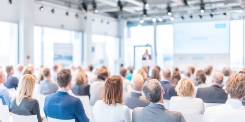 Audience attending business conference presentation in modern bright meeting hall