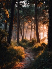 Obraz premium Golden sunlight illuminating misty path through pine forest at dawn