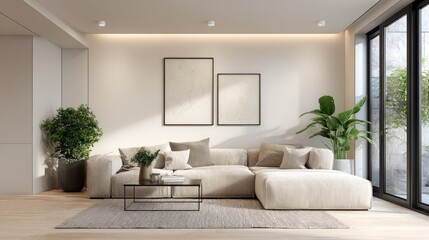 Bright living room with a large beige sofa, two framed artworks, and lush greenery