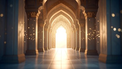 An ornate, arched hallway stretches into a radiant light source, showcasing intricate details and a sense of serene grandeur.