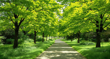 Fototapeta premium Ultra-Realistic Stock Photo of a Green Park with Walking Path and Tall Trees