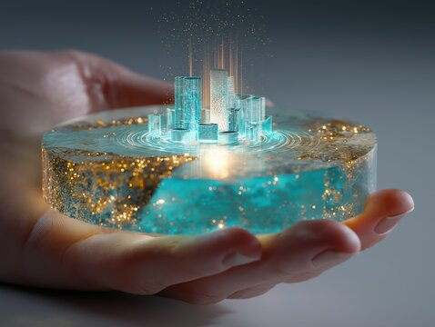 Futuristic cityscape model held in hands representing innovation, technology, and smart city concepts for global business